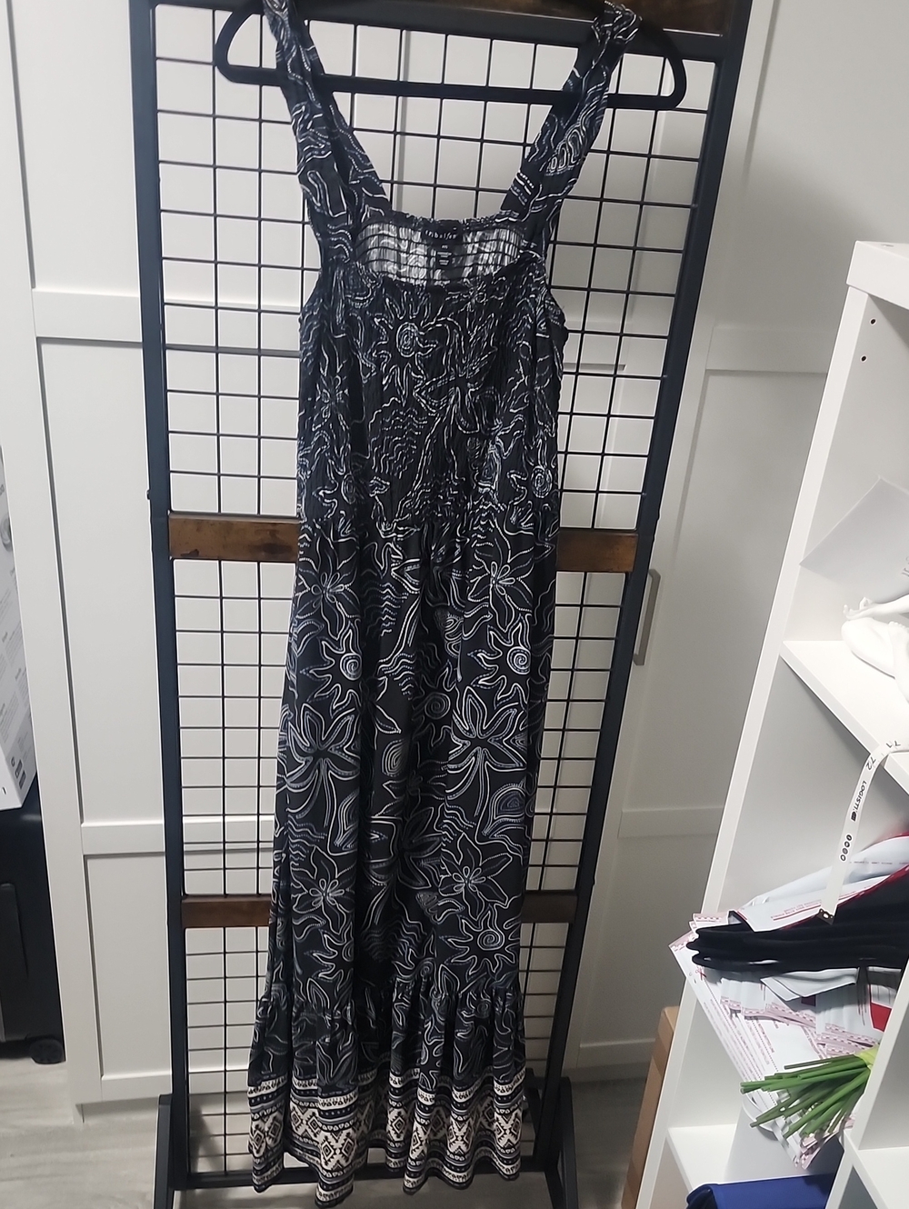 Tribal Femme Black Floral Maxi Sundress with Smocked Bodice